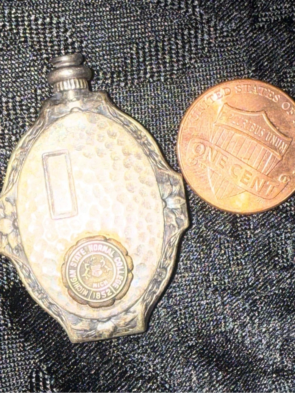 bottle miniature- Michigan State Normal College Emblem vintage silver tone